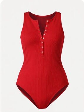 Andie Swim wear Malibu one piece Red Ribbed Henley Snap-Front swimsuit bodysuit